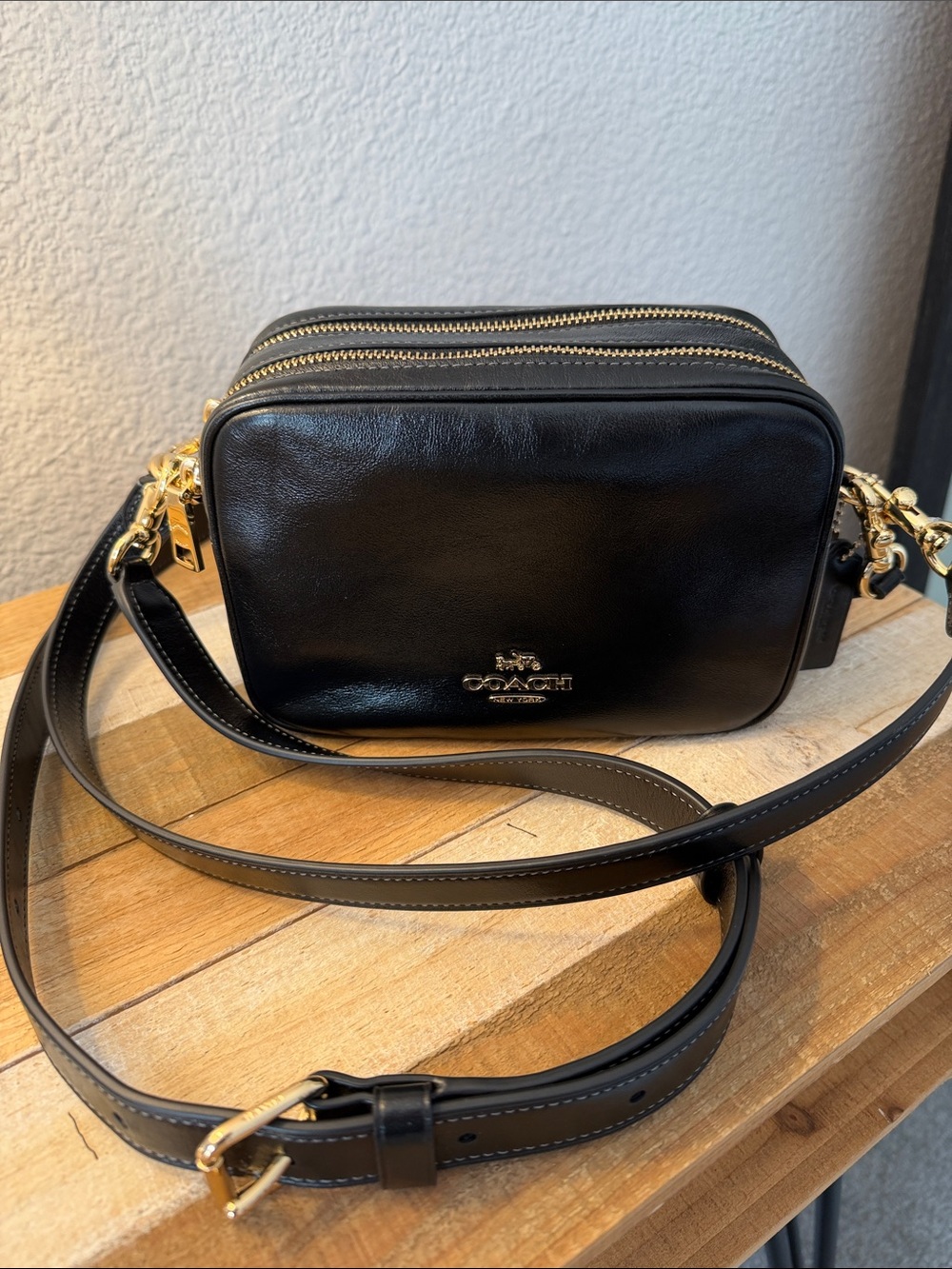 Coach Black Leather Double-Zip Crossbody with Gold Hardware